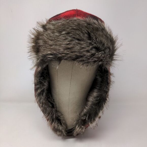 Goodfellow & Co Men's Trapper Hat Red Plaid One Size Vegan Fur Trim Ear Flaps - Picture 4 of 10